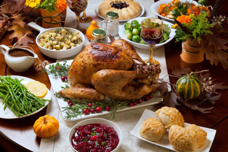 A closeup of rustic Thanksgiving foods